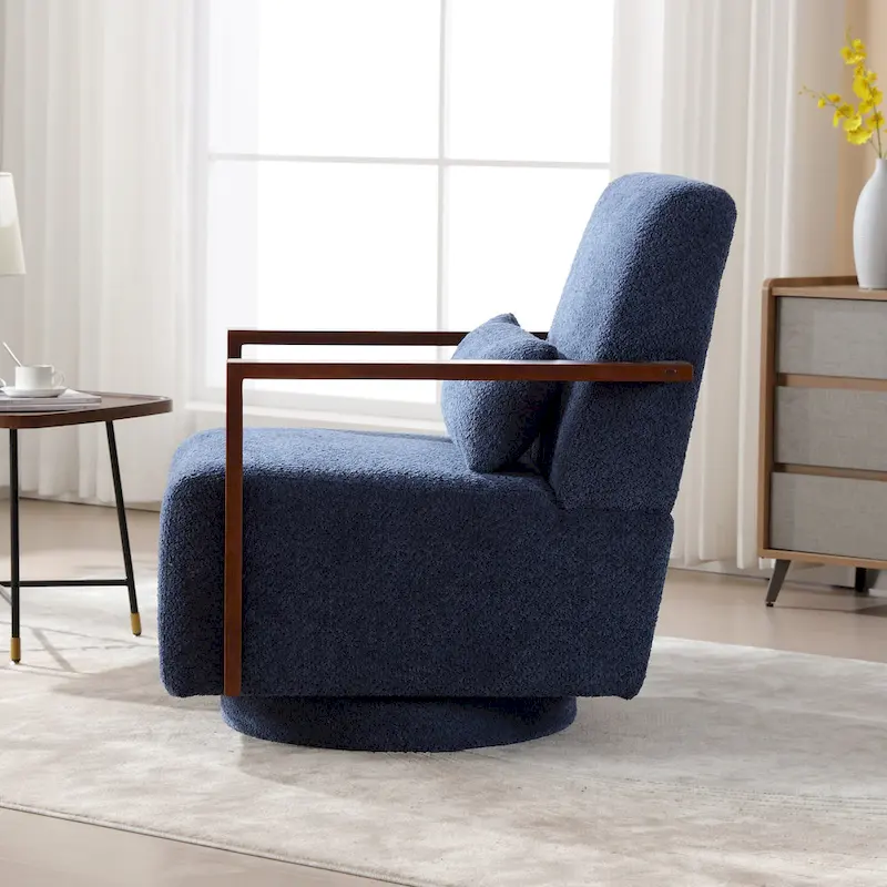Mid-Century Boucle Upholstered Swivel Armchair With Pillow