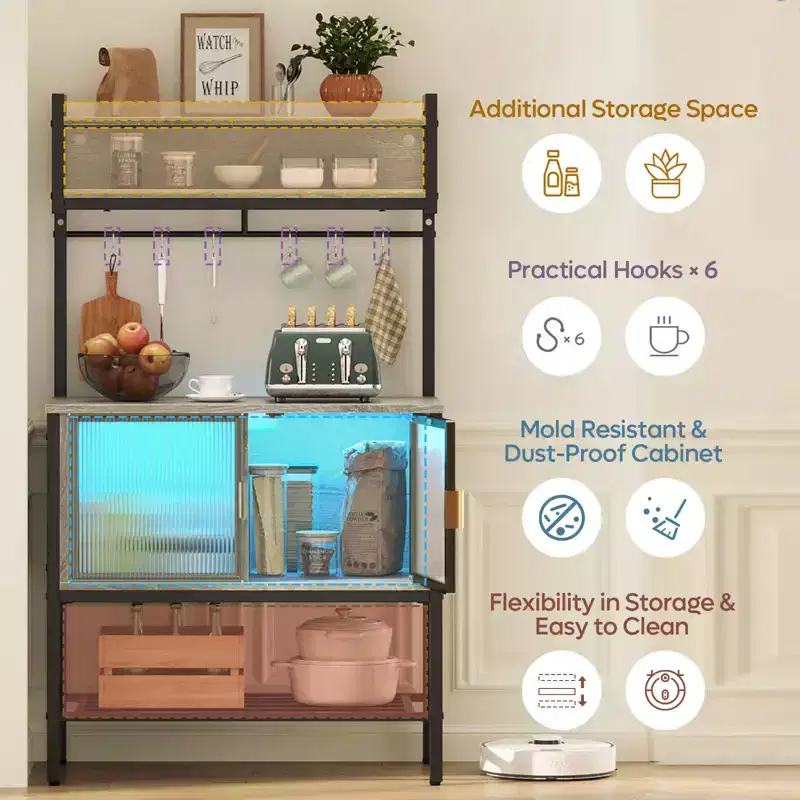 Bestier 5-Tier Microwave Stand with Storage Cabinets & LED, Kitchen Bakers Rack with Hutch & Hooks, 59 Coffee Bar Station with Open Storage Shelves