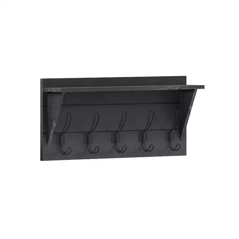 Flash Furniture Daly Wall Mounted Solid Pine Wood Storage Rack with Upper Shelf and 5 Hanging Hooks For Entryway, Kitchen, Bathroom