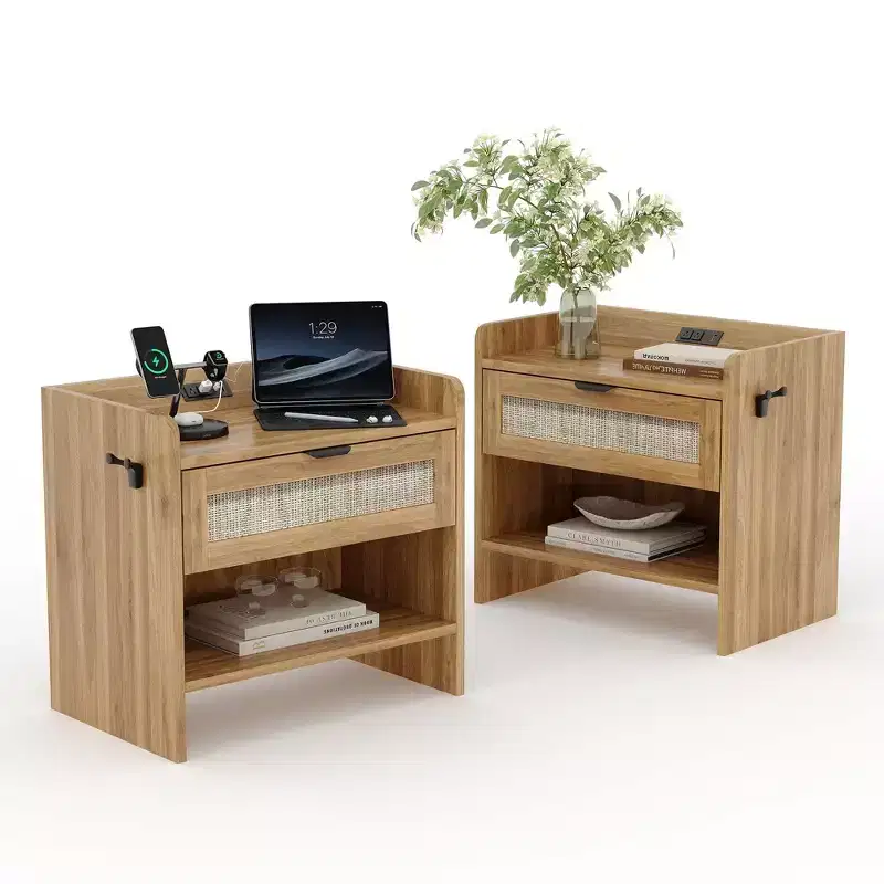 Rattan Nightstand Set of 2, Nightstand with Charging Station & Type-C Port, Boho Bedside Table with Drawer and Open Shelf, End Table