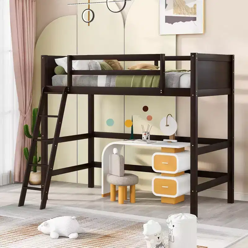 Twin Size Solid Wood High Loft Bed with Ladder & Guardrails,Minimalist Tall Bed Frame for Kids Room,Bedroom