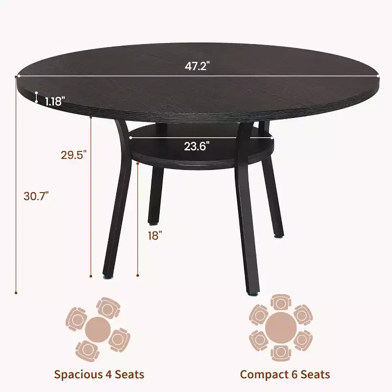 Round Dining Table for 4-6, 47 Inch Kitchen Table with Storage, Wooden Circle Dinner Table with Metal Legs, Modern Dining Room Tables