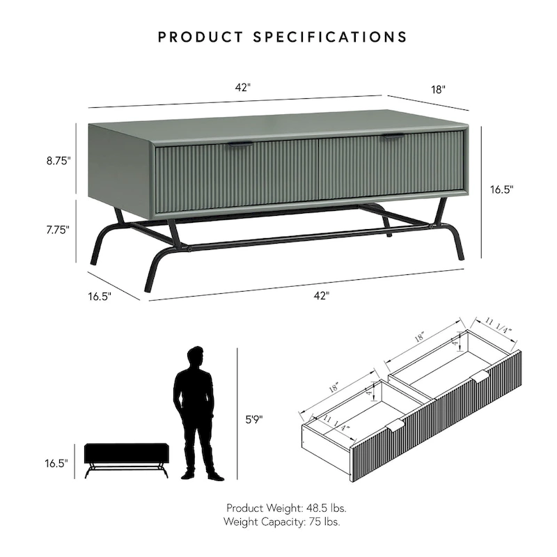DH BASIC Modern 42-inch 2-Drawers Coffee Table with Metal Legs by Denhour