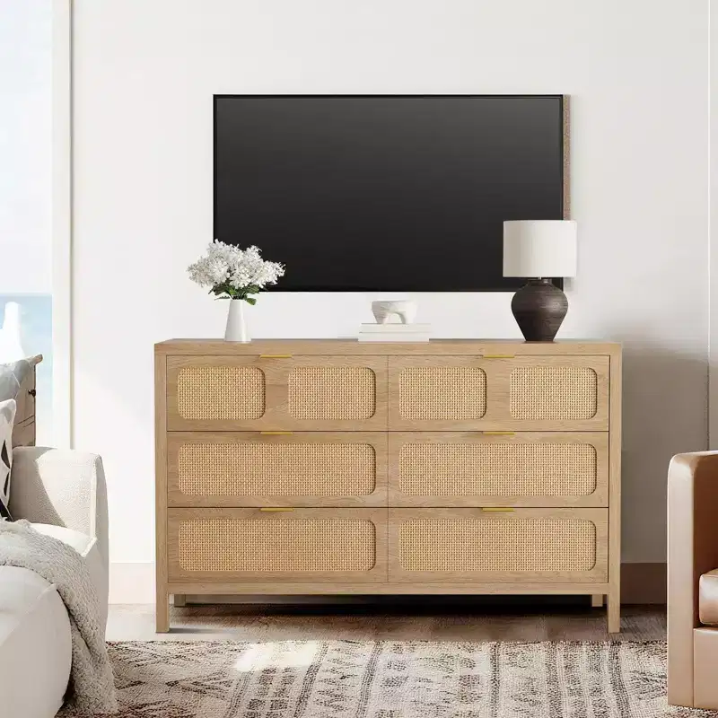 6-Drawer Rattan Dresser Metal Handles Wood Legs Boho Farmhouse Oak Storage for Bedroom Living Room Hallway Entryway