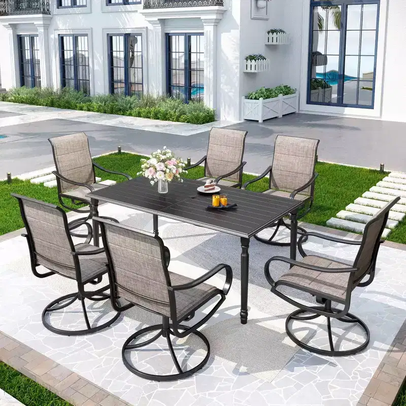 7pc Outdoor Dining Set with Steel Rectangle Table with Umbrella Hole & Padded Swivel Chairs - Captiva Designs: Rust-Resistant