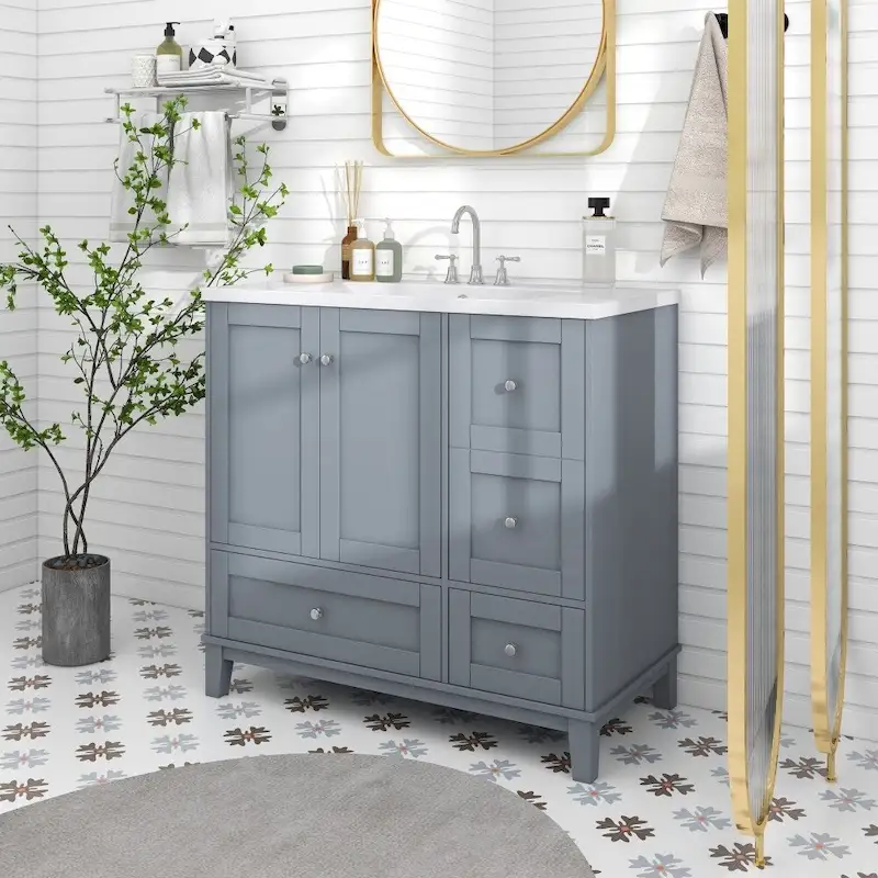 36 Inch Bathroom Vanity with USB Charging, Resin Sink, Solid Wood Frame, 3 Drawers Storage