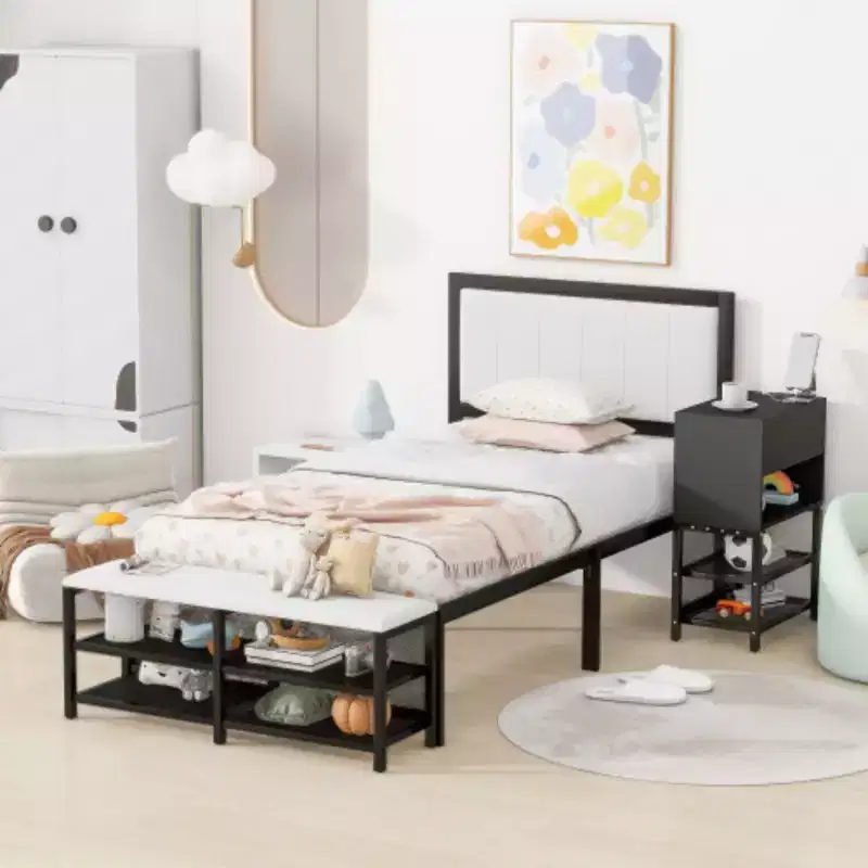 Twin-Size Metal Platform Bed with Dual-Level Storage Shelves and Wooden Storage Cabinet