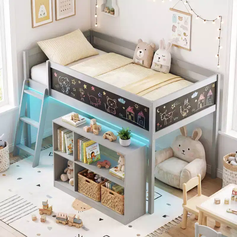 Costway Kids Loft Bed w/LED Lights Chalkboard & Removable Bookcase Safety Guardrail