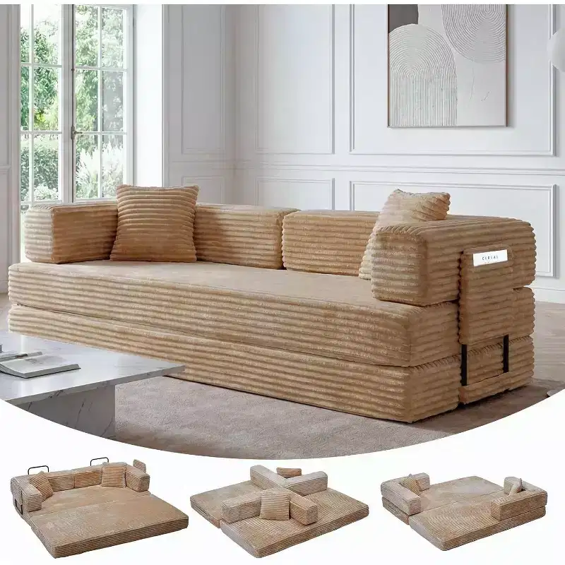 80.7 5-in-1 Convertible Sofa Bed, Folding Corduroy Couch with Storage, 4 Frames & 2 Pillows, No Assembly Space-Saving for Home & Dorm, Beige