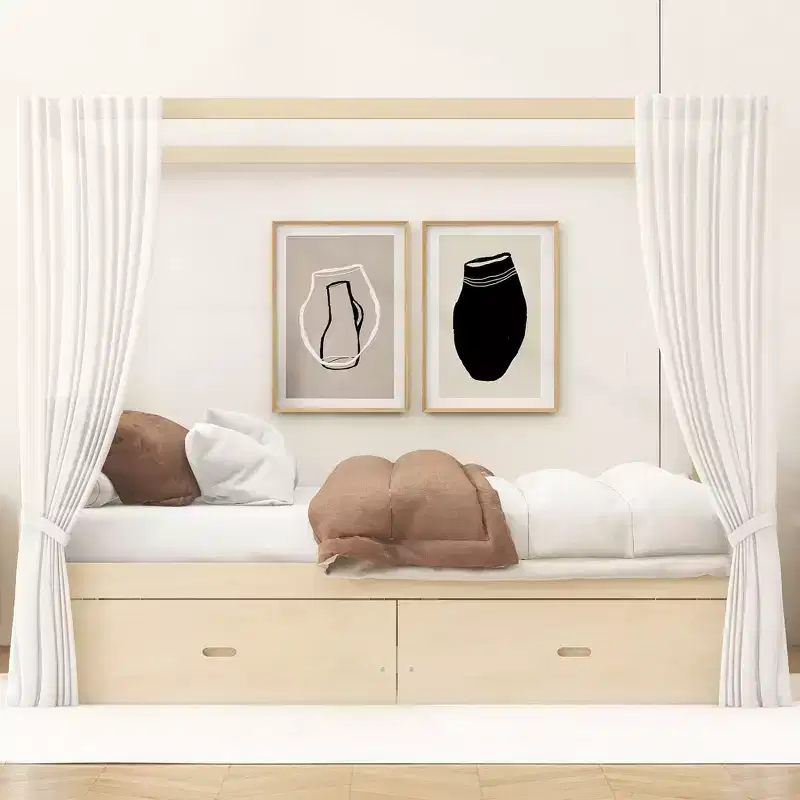 Queen/King Size Platform Bed Frame Wood Canopy Bed with Storage Drawers - ModernLuxe