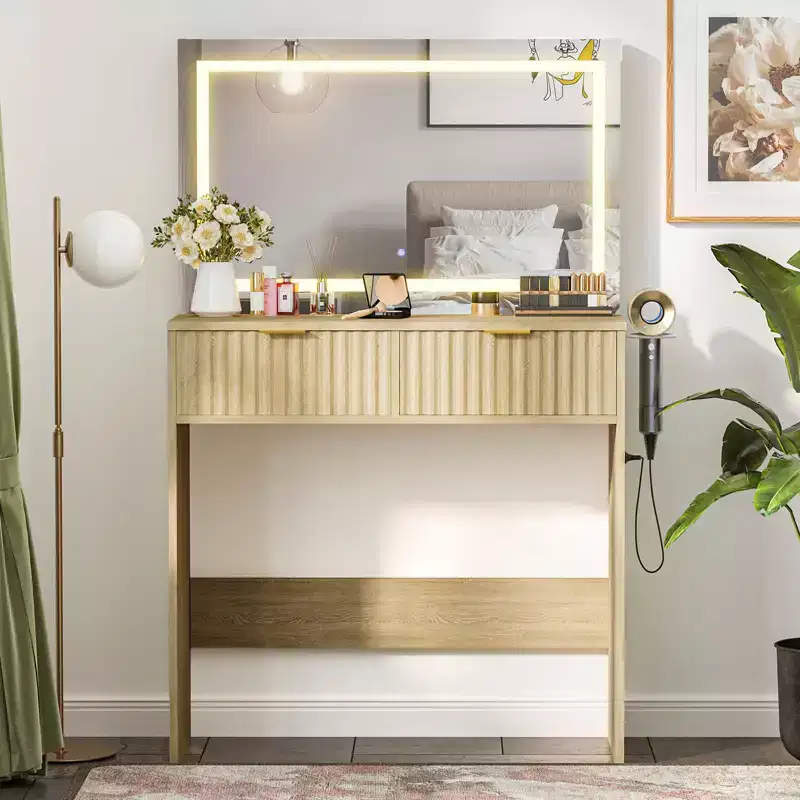 31'' Makeup Vanity Desk with Mirror and Adjustable Lights for Small Space - Dressing Table with 2 Drawers for Bedroom