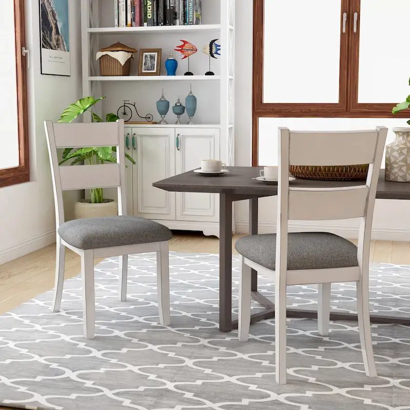 Farmhouse White Dining Chair Set of 2, Slat Back with Grey Upholstered Seat, 38.25