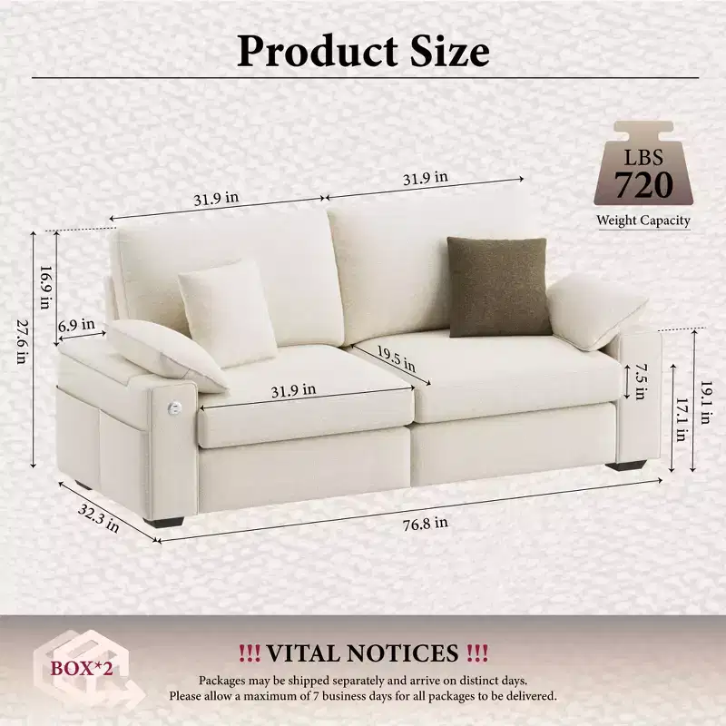 Modern Linen Blend Fabric Sofa with USB & Type-C Charging Ports, Side Storage Pockets, and Flip-Top Armrest Storage for Living Room