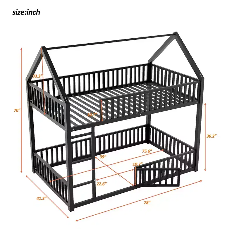 Metal Twin House Bunk Bed for Kids, Twin over Twin Floor Bunk Bed with Fence, Door & Guardrails