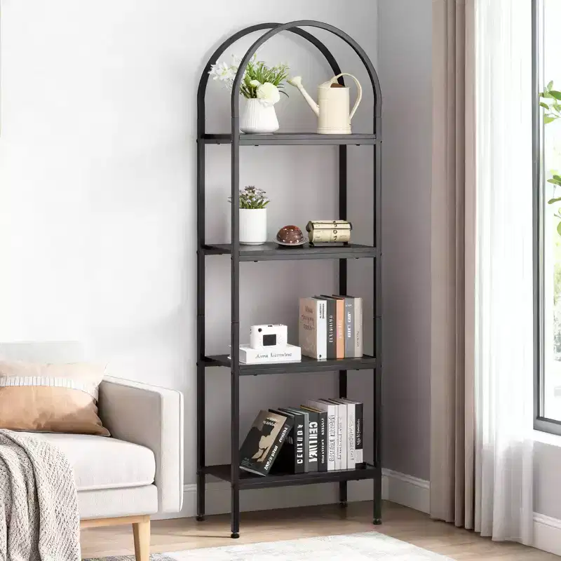 VEVOR Open Bookshelf, 4-Tier, Arched Bookcase Storage Shelves with Metal Frame, Industrial Metal Book Organizer, Freestanding Display Rack, Black