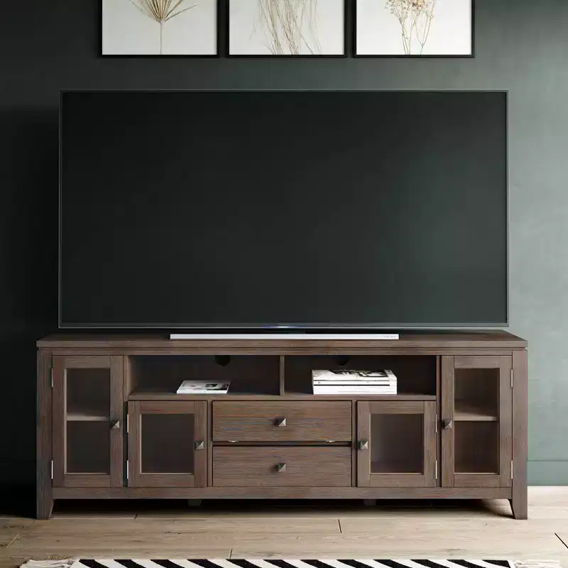 Essex Wide TV Stand for TVs up to 72" Farmhouse Brown - WyndenHall: Contemporary Media Console with Storage, Nickel Hardware