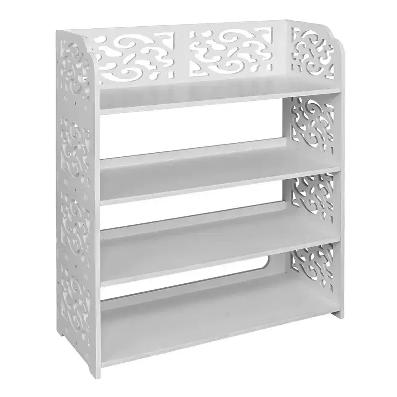 Wood-plastic Board Four Tiers Carved Shoe Rack White B