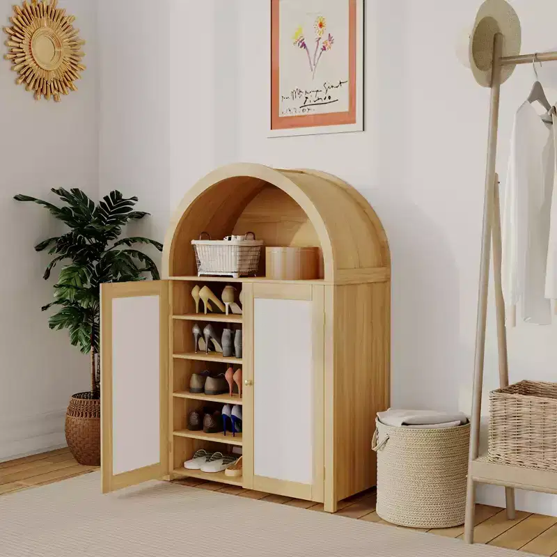 5-Tier Arched Shoe Storage Cabinet with Rattan Doors and Adjustable Shelves