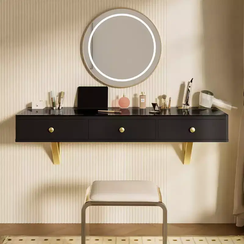 JVNOXK 47-inch Multi-Function Wall-Mounted Vanity with Drawers and Floating Shelves, Suitable for Desks, Bedrooms, and Hair Styling, Black and Gold