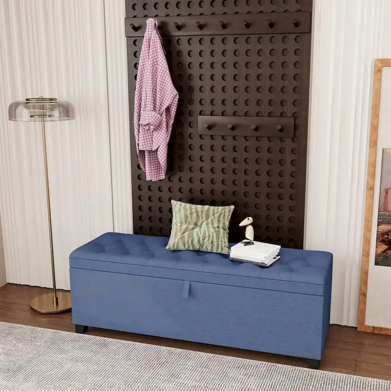 Flip-Top Storage Ottoman Bench – Blue, Button-Tufted Linen, 1-Person Seating