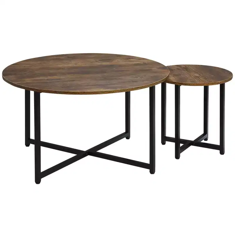 Round Coffee Table,with Metal Frame, Industrial Side End Table for Living Room Bedroom, Rustic Brown
