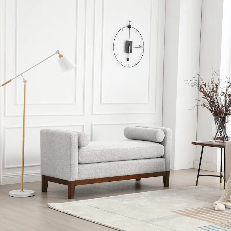 Elegant 53.5 Upholstered Ottoman Bench with Wood Legs & Bolster Pillows