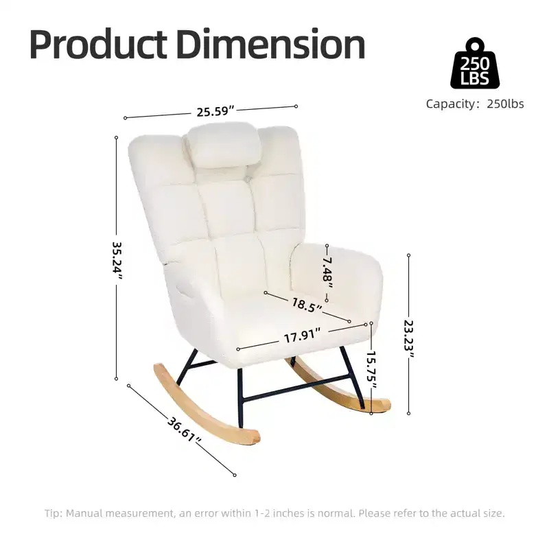 Nursery Rocking Chair, Teddy Upholstered Glider Rocking Chair with High Backrest, Armchair Reading Chair for Bedroom, Living Room, Without Ottoman
