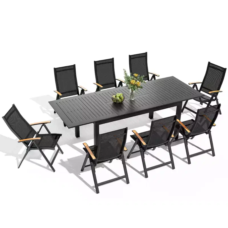 Crestlive Products 9pc Patio Expandable Dining Set Aluminum Outdoor 94.5'' Rectangular Table for 6 to 8 with Folding Chairs