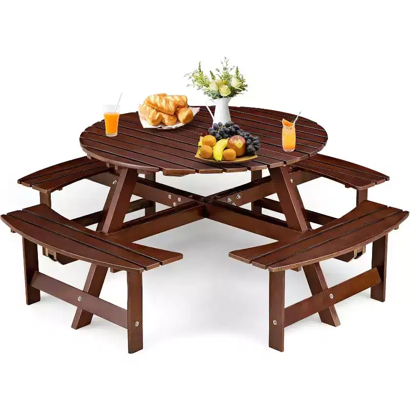 Zevemomo 8 Person Wood Picnic Table,Round Tabletop with Umbrella Hole,4 Built-in Curved Benches,2220LBS Total Capacity for Patios,Backyard,Dark Brown