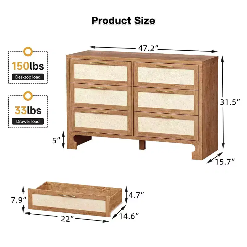 6 Drawers for Bedroom, 47.2 Inch Chest of Dressers, Farmhouse Burlap Wide Closet Dressers Chest of Drawers Brown