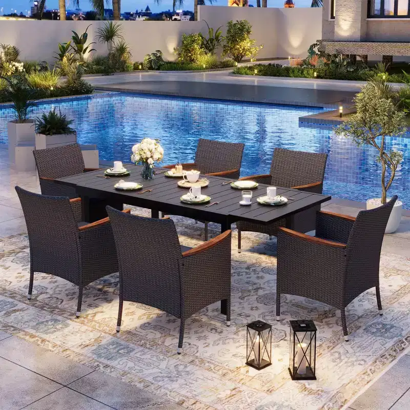 Captiva Designs 7pc Outdoor Patio Slat-top Dining Steel Table & Rattan Chairs with Removable Cushions