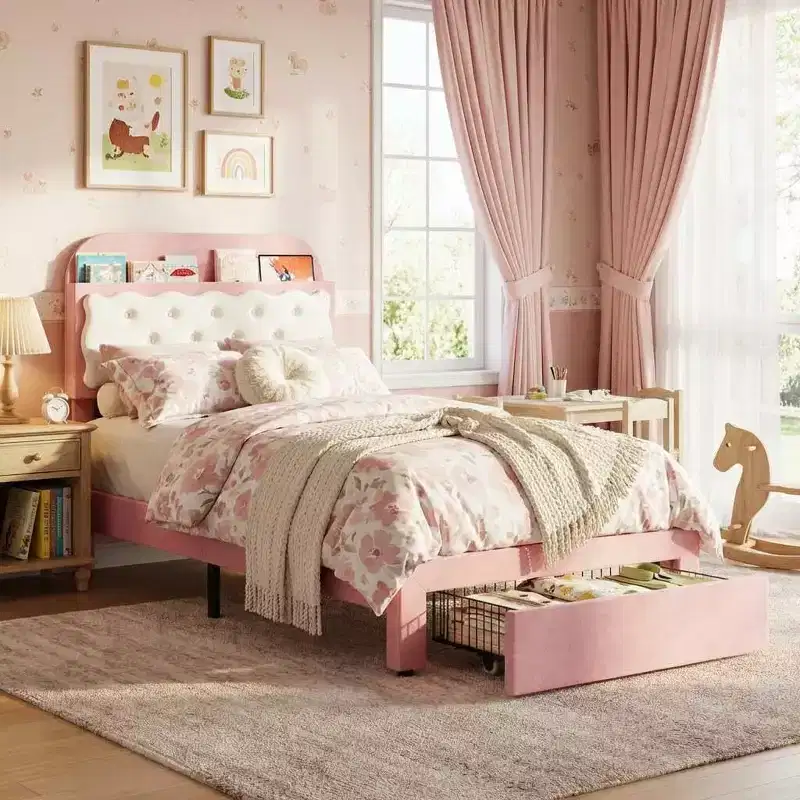 Twin Bed Frames, Velvet Upholstered Platform Bed with Biscuit Tufted Storage Headboard, Sturdy Wood Slats, No Box Spring Needed, Easy Assembly