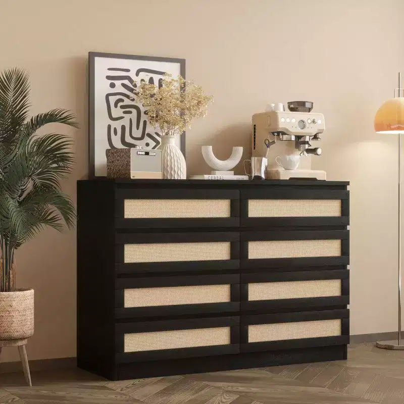 Large 8 Drawer Dresser for Bedroom, Modern Farmhouse Rattan Dresser, Slim Wood Chest of Drawers