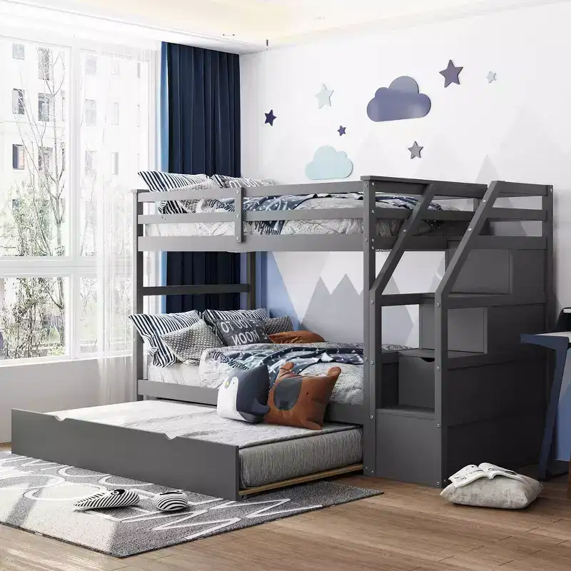 Twin-Over-Twin Bunk Bed, Bed Frame with Trundle and 3 Storage Stairs