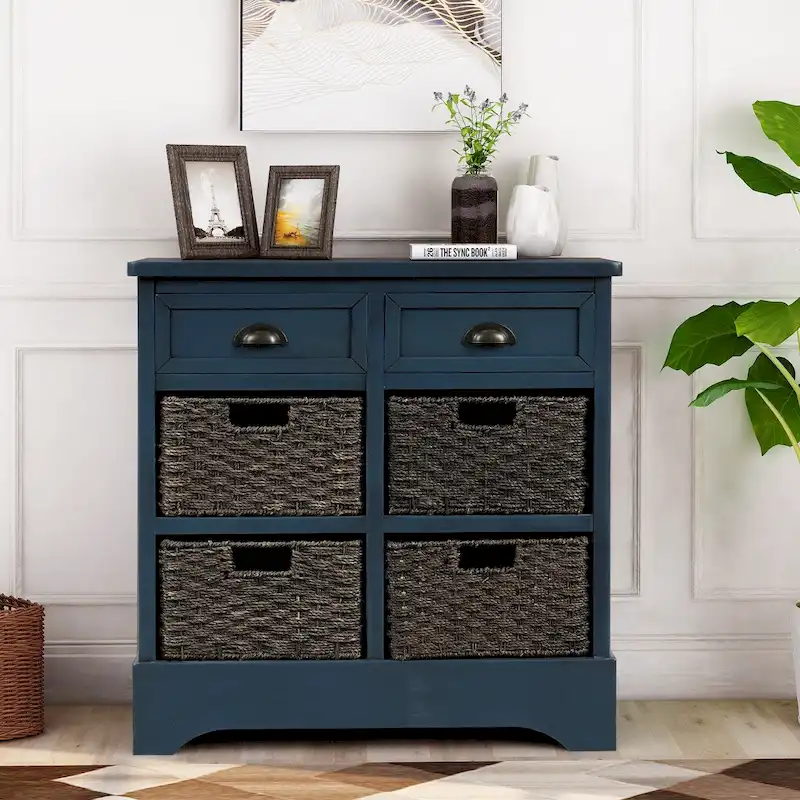 Rustic Storage Cabinet with 2 Drawers & 4 Rattan Baskets - 28L x 11.8W x 28H