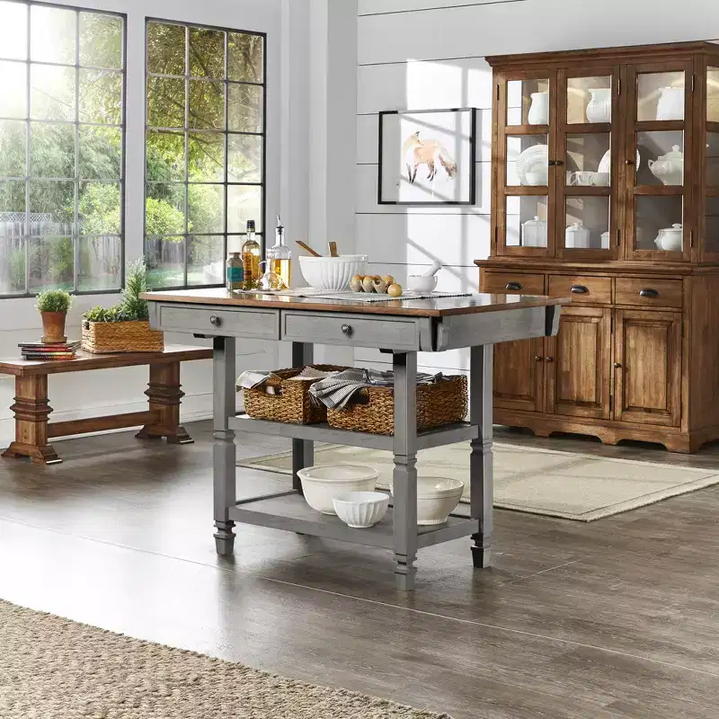 Two-Tone Kitchen Island with Oak Top, Antique Black, Rubberwood