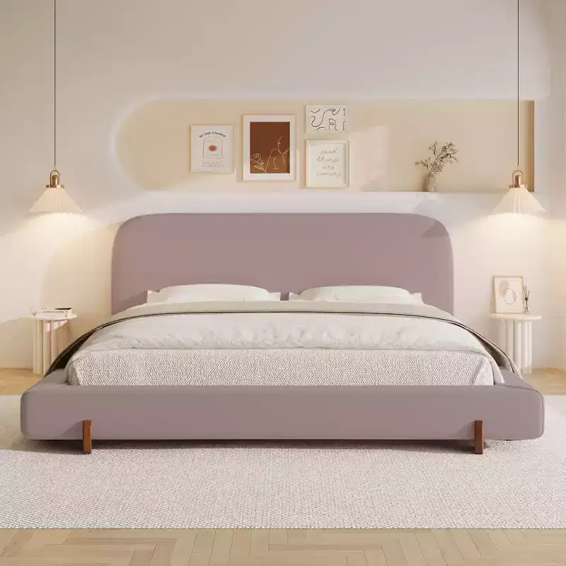King Upholstered Bed Frame, Elegant Chenille Fabric Platform Bed with Solid Rubber Wood Legs