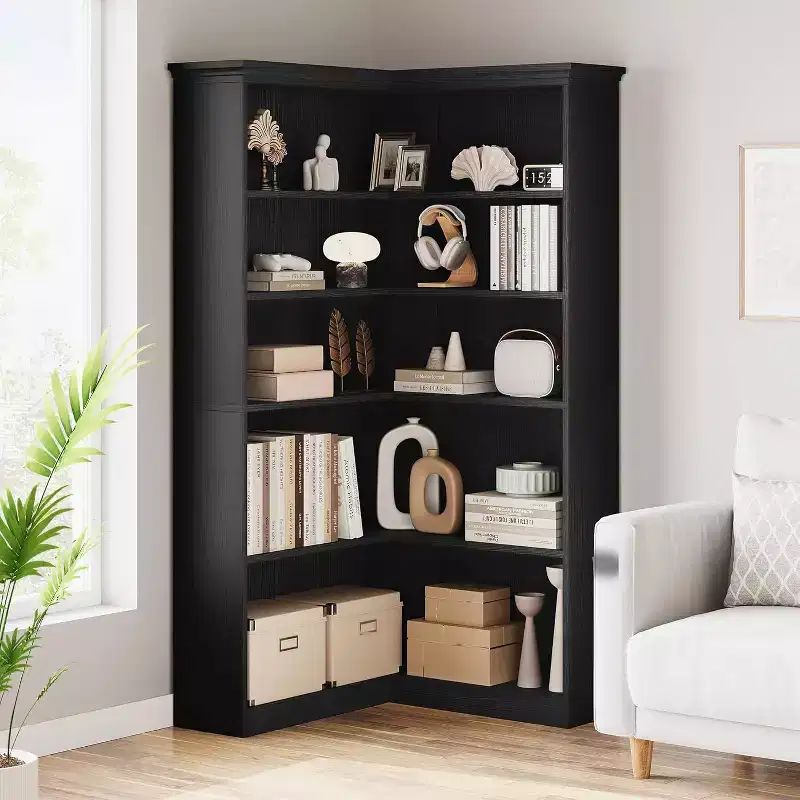 73 L-Shaped Corner Bookshelf - 5-Tier Farmhouse Shelf with 60lb Capacity, Thickened MDF Boards