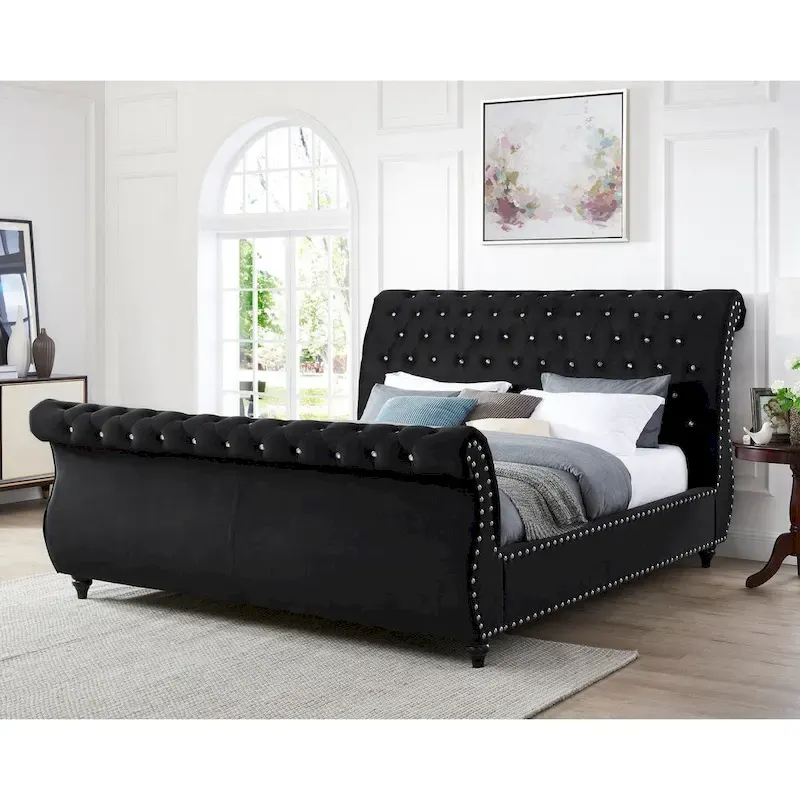 Black Velvet Crystal Button-tufted Sleigh Bed