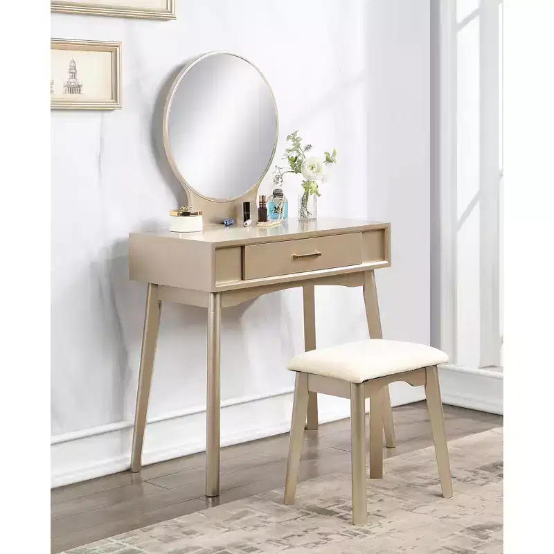 JVNOXK32.28-inch modern wooden round mirror vanity with tapered legs. Includes drawers with metal slides and stool set, gold