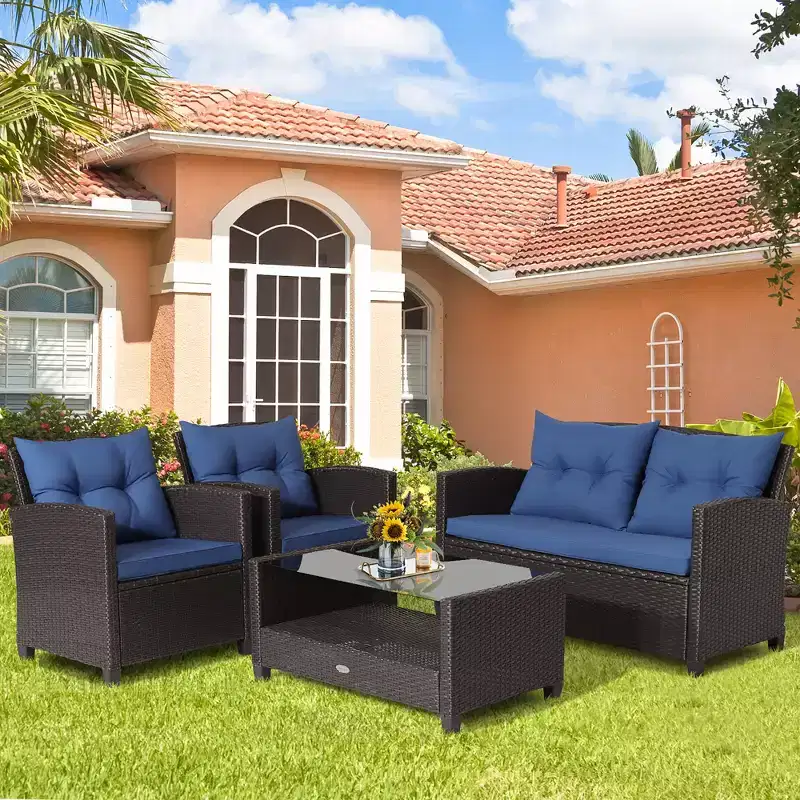 Costway 8 PCS Patio Rattan Furniture Set Glass Table Shelf Sofa Cushion Black/Red/Turquoise/Navy/Gray
