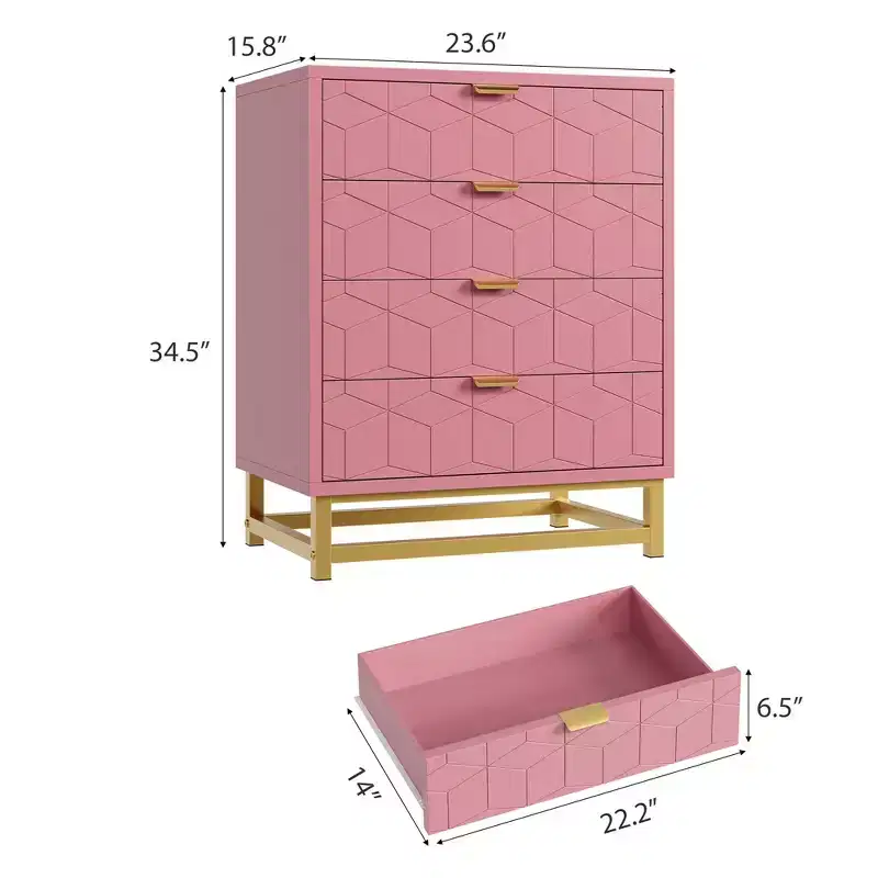 4-Drawer Pink Dresser with Gold Handles, Modern Storage Chest for Bedroom, Hallway & Entryway Organization