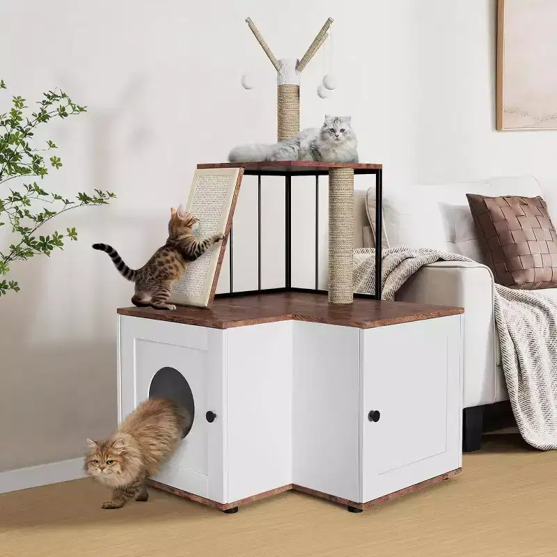 Cat Tree with Litter Box Enclosure, Hidden Litter Box Furniture with Scratching Post