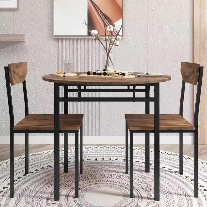 MAYEERTY 3-Piece Modern Round Drop Leaf Dining Table Set, Black Frame Rustic Brown Finish with 2 Chairs for Small Spaces