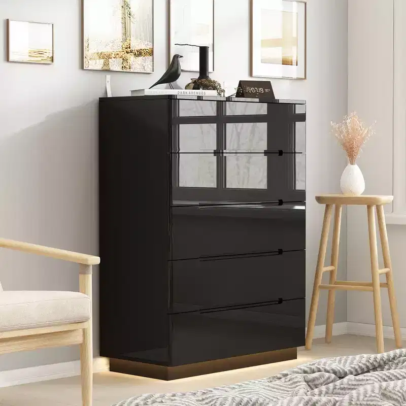 High Gloss 5 Drawer Dresser with Underlight, Concealed Handle Chest of Drawers