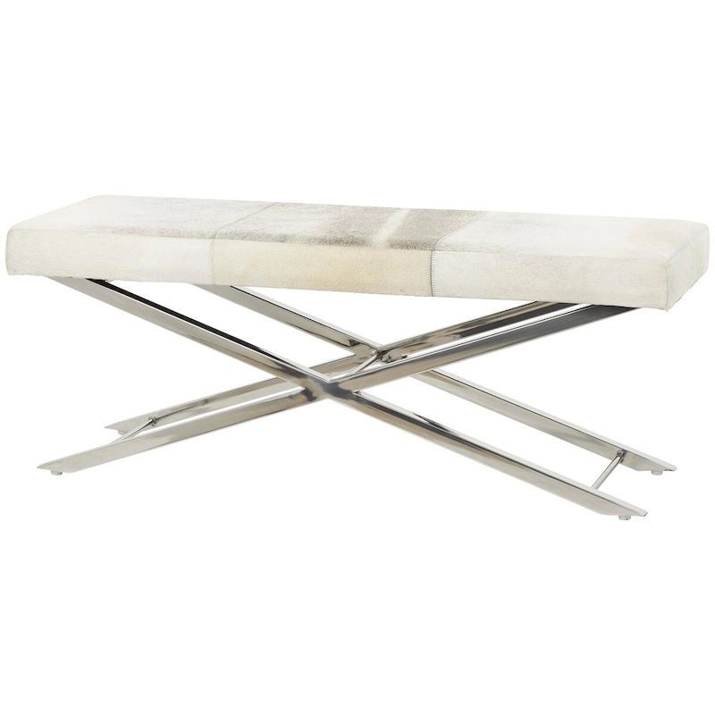 Leather Bench or Stool with Silver X-Shaped Stainless Metal Base - Beige or Gray - Roche River Decor