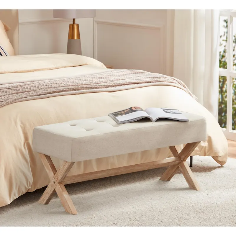 Fabric Entryway Bench Beige/ Grey/ White Upholstered Bench with X-Shaped Legs, 35-inch