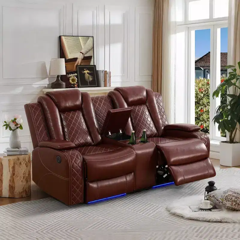 Power Reclining Loveseat Sofa, Electric 2-Seat Leather Recliner with USB Charging, Storage & Cup Holders for Living Room, Brown