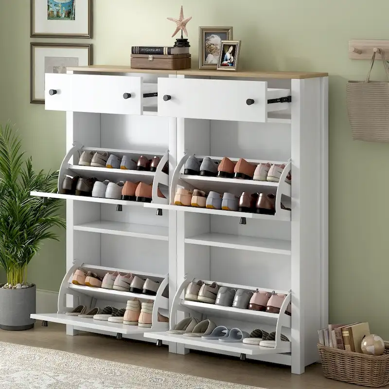 Wood Pattern Top Shoe Cabinet with Flip Drawers and Adjustable Panel