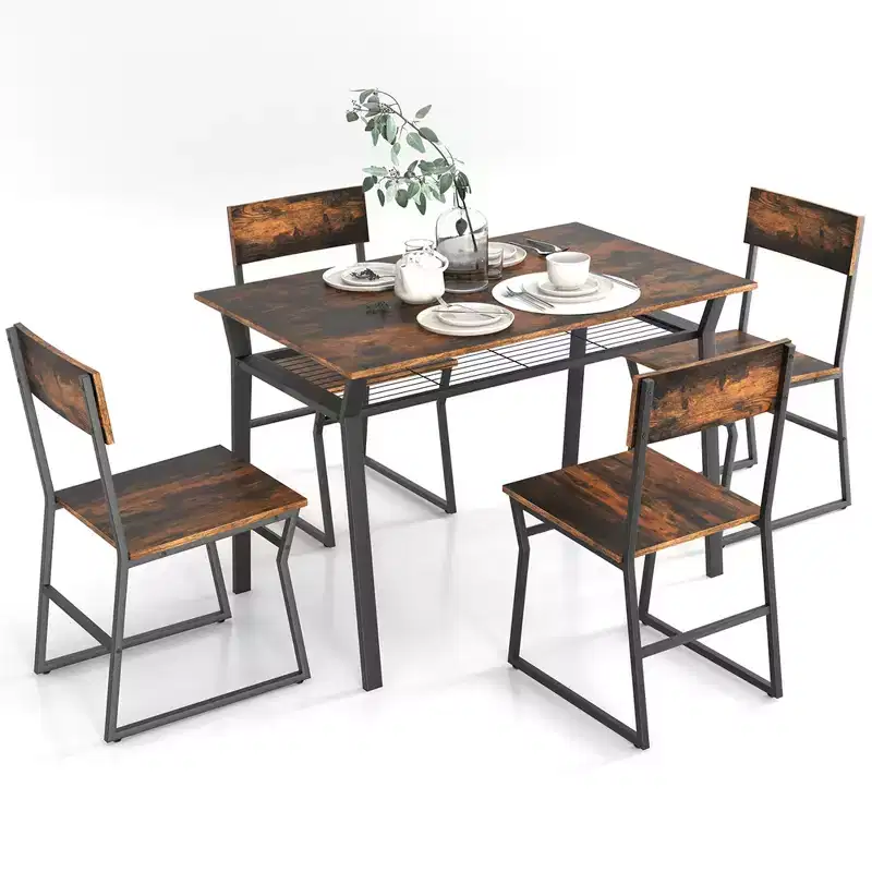 Costway 5 Piece Dining Table Set Industrial Rectangular Kitchen Table with 4 Chairs Grey/Brown